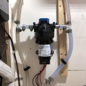 New recirc pump under galley counter (from below looking up)