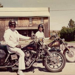 Me and dad after my sister got married way back when. He said, Hey, we rented the tux for the weekend, we should get our moneys worth. So we rode all over town.