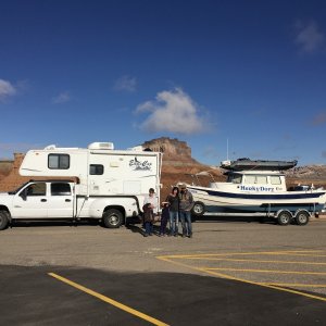we all spent the first night in the camper & boat near Utah?s Goblin State Park.