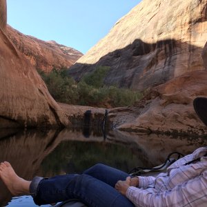 Media 'Jo-Lee at the end of the water Davis Gulch' in album 'Camped just under the front of the pinnacle.  The pinnacle is the front  of the Island  where Explorer Canyon joins the Escalante.'