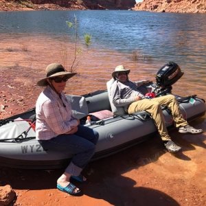 Media 'The 13 foot double layered bottom Kaboat is working well for us, especially combined with the 52 pound Suzuki 4 stroke 6 hp motor.  With 7.5 x 6? prop it will do 13.5 mph with just me aboard at Lake Powell & 10.5 mph with both of us.  The double layer bottom does increase it?s weight to 80 pounds, which I can still handle though the 12 footer at 50 is much easier.' in album 'Camped just under the front of the pinnacle.  The pinnacle is the front  of the Island  where Explorer Canyon joins the Escalante.'