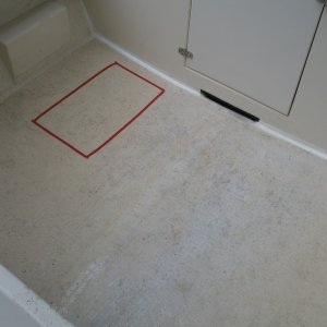 Media 'Red outline of area that flexes. Plan to repair in August. Suspecting water damage and or debonding.' in album 'Levelness of gunwale to cockpit center'