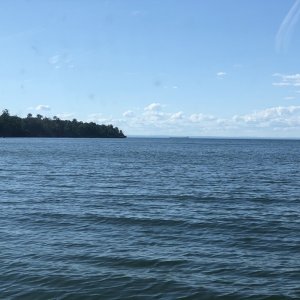 Bear Island Cove with Upbound Laker to the North