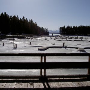 Bridge Bay Marina boat docks, Yellowstone Lake- looking out toward the bridge and exit to main lake 5-17-08