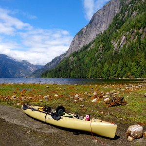 Media 'Punchbowl Cove in Misty Fjords National Monument. Granite cliffs 3000 feet tall plunge into water 1000 feet deep. We tied to a mooring buoy,  kayaked to shore and then hiked an amazingly difficult trail to some gorgeous waterfalls.  Life is good.  A few hours after we returned to the boat, there was a big brown bear on this same beach.' in album 'Leavenworth, WA - a great, little alpine village.'