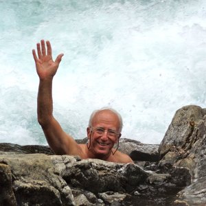 Media 'Casey in a warm spring "hole" at Baranof Warm Springs with the raging falls a foot or two away.' in album 'Leavenworth, WA - a great, little alpine village.'