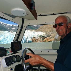 Casey dodging icebergs in Tracy Arm. That's North Sawyer Glacier in the background.