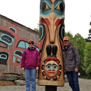 One of the 467 totems we've seen (so far) in Ketchikan. Exaggerating but there are more totems in Ketchikan than anywhere else in the world and I think we've seen them all now.  We've been to Saxman, Totem Bight, Potlatch, and every other totem park in Ketchikan.