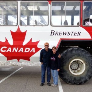 BIG bus takes tourists on the Athabasca Glacier.  Icefields Center. B.C.