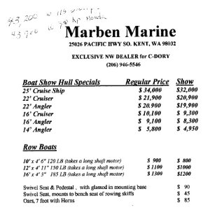 1996 Price List from Marben Marine with Row Boat series.  Link to Greg's former 12 foot version: http://www.c-brats.com/modules.php?set_albumName=album1597&op=modload&name=gallery&file=index&include=view_album.php