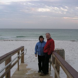 Bob and Lori at the beach in Pensacola. It can get cold in Florida!