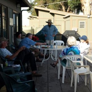Jay, Jim, John, Steve, Kathy and Mary on the porch of the Duck Club at Wheeler Island