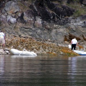 (Pat Anderson) Venturing to Shore at Roscoe Cove for the Stern Ties 9-14-05