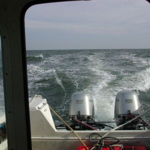 Underway on Chesapeake Bay - Honda 45's at speed!
