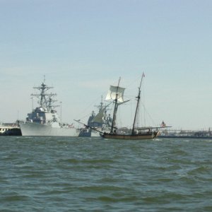Media 'The old and the new.  A schooner returning from the great Schooner Race - Annapolis to Portsmouth Va. and DDG 51's at Norfolk Naval Base' in album 'Captain's Choice Transit down ICW from Potomac River south to Albemarle Sound and return.  About a week in all.  Departed 18 October, returned 25 October 2003'