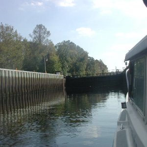 Lock at southern end of Great Dismal Swamp Canal.  Down 9 Feet to Pamunkey River and thence to Elizabeth City and Albemarle Sound