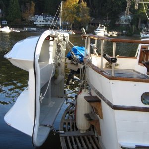 Ten foot Livingston with a 9.9 Suzuki on Weaver davits.