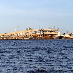 More views around Jacksonville on the St. Johns. This appears to be some kind of car loader. (Various level ramps in the up position.)