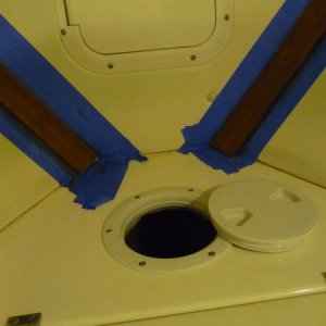 6" Access hatch to stem. 
At the time the picture was taken I was finishing the last of 4 coats of Clear Satin 1100 Varathane on all the teak inside the Cabin and Cutty. Blue Painters Tape - Good Stuff.