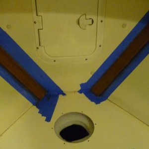 Two sheet layers of flexable foam insulation. This is the only area in the boat that I collect any dampness from condensation. This access hole allowed me to insulate the area and to help better control condensation at this spot.