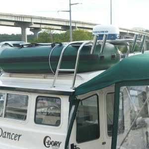 Media 'Installed the Furuno 1623 Radar.  The Alaskan Series dinghy fits perfectly under the tall arch.' in album 'SS table hold down clamp.  Finally found a good solution to the wobbly table.'