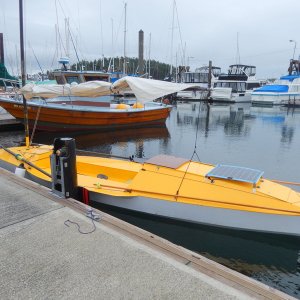 An experimental sailing craft in Friday Harbor marina