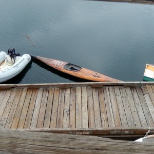 A classic wooden kayak at the dinghy dock in Friday Harbor marina