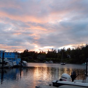 Media 'Another view of sunset in Friday Harbor marina' in album 'Neil in Rose Bud II (right) and Rob in Robbie's Refuge (center,back), 
at dock in Cornet Bay near Anacortes, WA, 
waiting to cross to Friday Harbor in the San Juan Islands'