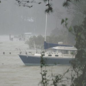 Captain's Choice and Sally's Choice during Ernesto in Sept 06.  Taken by a neighbor and just sent to us.  The pier is totally underwater and BETWEEN the two boats.  We were lucky, no damage to either 65mph+ winds for 4+ hours.