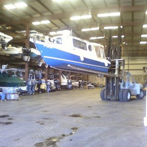 Media 'Good view of the Betty Ann being removed from the boat valet storage rack at Port Niantic' in album 'Our 2012 new home:   Port Niantic boat valet facility in Niantic Bay Connecticut.'