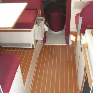 Finished product, ready to use.  The material is made by Lonseal Marine, Teak & Holly 70SE.  It comes in a 6' wide roll, cut to whatever length you desire.