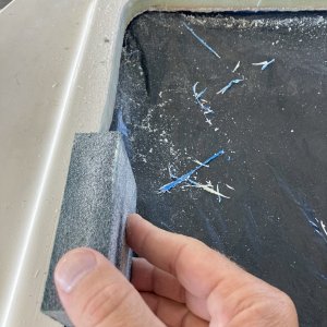 Media 'I was pretty diligent when working with the epoxy so I just had to hand sand the edge.' in album 'The main hatch has has been leaking for a while but I wanted to get off the great lakes before taking it apart (I made a quick and dirty rain cover that attached into the four existing snaps for the sun shade)'
