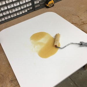 Since I have trouble getting marks/stains off of starboard, I laminated the table with the same white laminate I used in the cabin around the sink/stove.