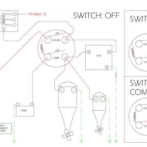 Almost current version of my electrical system in the starboard lazarette (next drawing has corrected slight mistake with the way the start ground wire was drawn).  Thanks to AK Angler for the drawing.  (I'm leaving all of the iterations in the album since they are referred to in various posts and I don't want to break the links.)

Note that the negative buss is not shown because it adds clutter to the drawing.