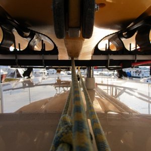 rear view of rear saddle set (20 inches at outside edge and 6 inches up from bar to contact point)  This is the measurement with boat on saddles so they are squished down an inch or so. 4.5 inches for wheel clearance between saddles