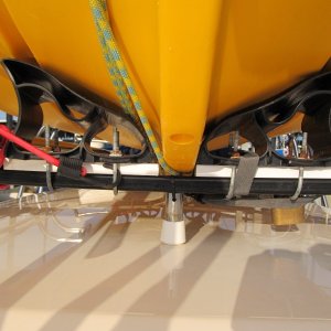 front view of front saddle set (17.5 inches at outside edge and 6 inches up from bar to contact point)  This is the measurement with boat on saddles so they are squished down an inch or so. 2 inches between saddles for keel clearance
