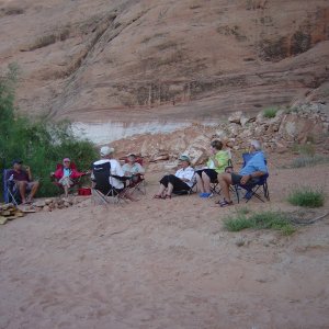 Chris, El, Bob (with back to camera), Bill, Robbi, Betsy, and Lyle relaxing in Oak Canyon