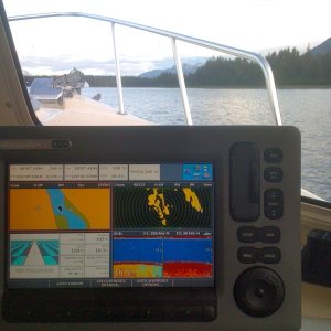 Media 'GPS/sounder display.  Five foot depth on a 13\' neap tide is minimum to enter safely.' in album 'Entering Oliver Inlet'