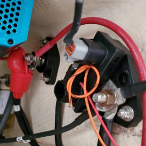 Media 'Close up of Balmar battery monitor (fore) and positive tie terminal (aft. Alternator feeds the terminal' in album 'Here's what we're replacing: 2 ea golph cart batteries, 70 lbs. ea'