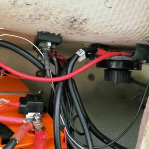Media 'Close up of battery switch and negative bus.  Finally labeled wires.  Took a day.' in album 'Here's what we're replacing: 2 ea golph cart batteries, 70 lbs. ea'