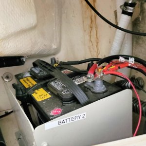 Media 'Starting battery, flooded lead acid, FLA. Serves a buffer between primary battery charger and dc-dc converter.  Also as alternator sink when outboard is running.   Starts engine.' in album 'Here's what we're replacing: 2 ea golph cart batteries, 70 lbs. ea'