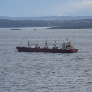 View from the bluff high above Turn Point. The rip tide in teh foreground makes the tanker look small...must have been 6 footers or bigger.