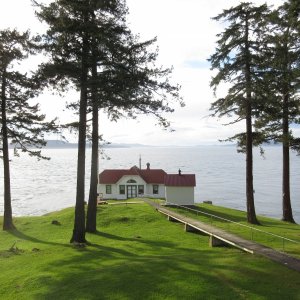 Looking down to the actual light house tower and fog signal building
