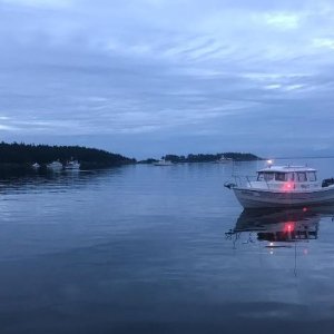 Pulling up to the linear moorage in Echo Bay just after 9 PM (photo taken by friends)