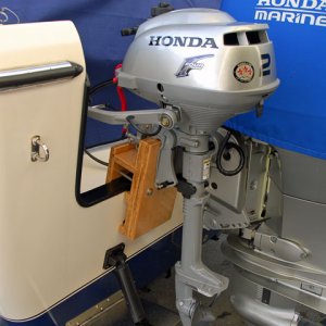 Media 'Honda 2 HP bracket, engine down.' in album 'Honda 2 HP bracket of my own design used to transport the engine while underway'