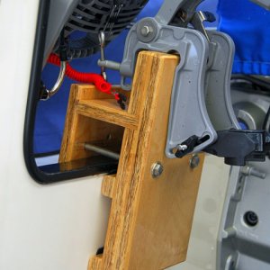 Media 'Honda 2 HP bracket with engine, closeup.' in album 'Honda 2 HP bracket of my own design used to transport the engine while underway'