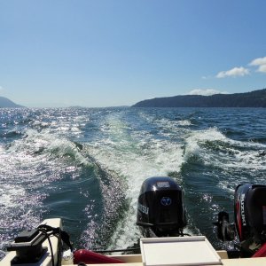 After cruising up Hales Passage and entering the Straight of Georgia, waves were 6+ feet so I turned around and found a calmer path around the South end of Lummi, over to Orcas, and approaching Sucia from the SW.  In this photo, passing between Clark & Barnes and Orcas, almost to Sucia, finally 3.5 hours after launching!