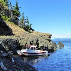 Beached on one of the many tiny coves on Lummi, Sunday evening June 14, waiting for the winds to die down before crossing Bellingham Bay.