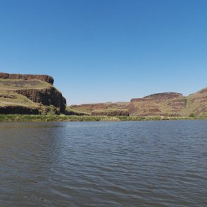 The entrance to the Palouse canyon.  The NOAA chart showed depths of 40 feet.  Local knowledge was required to find the channel, which is now only several feet deep because of siltation since the last survey.  My lowest reading was 1.8 feet when entering the river channel.