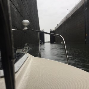 Exiting the McNary Lock. This lock gate is one of the swing styles